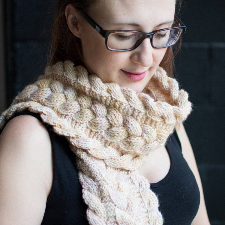 Woman wearing Third Law Cabled Scarf in Samabyon (yellow)