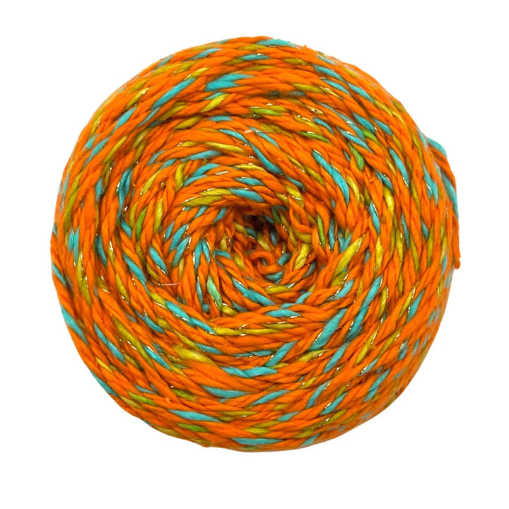 A colorful yarn wound into a ball with shades of orange, blue, and green intertwined