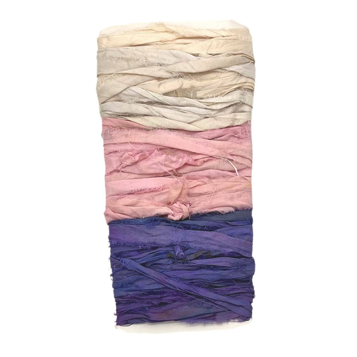Yarn & Ribbon 3 Color Sample Card in Flower Patch (white, pink, purple) on a white background