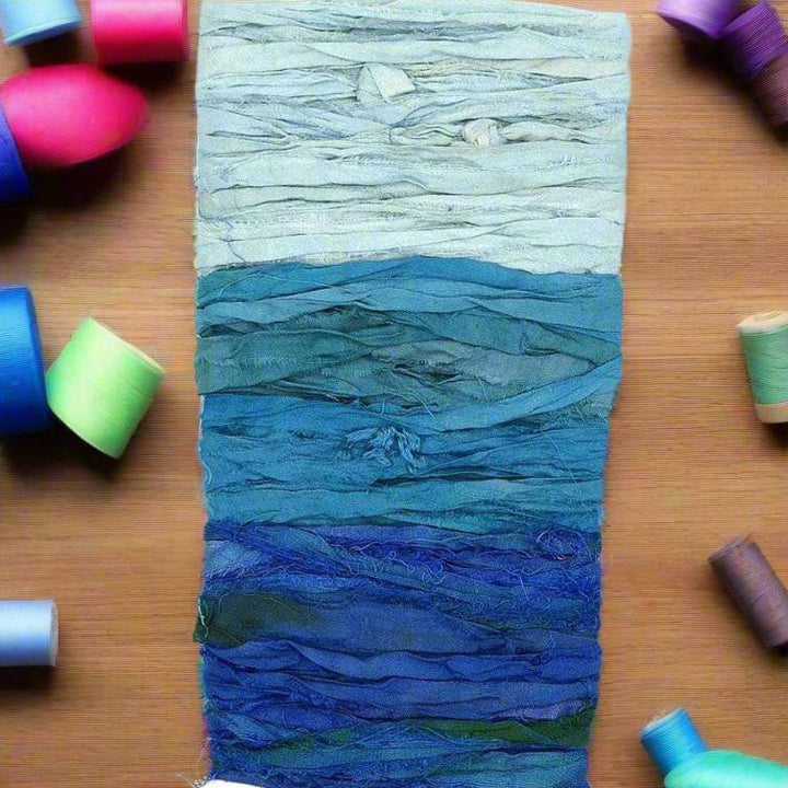 Yarn & Ribbon 3 Color Sample Card in Ocean Waves (blues) on a white background