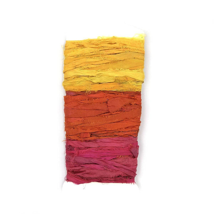 Yarn & Ribbon 3 Color Sample Card in Sunset (yellow, orange, pink) on a white background