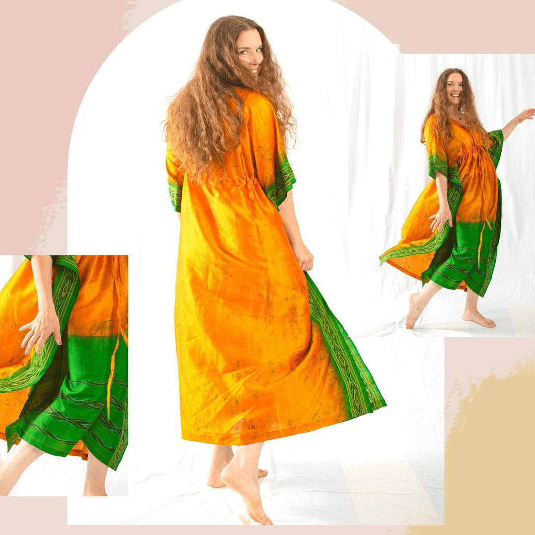 woman wearing long 100% silk yellow and green kaftan