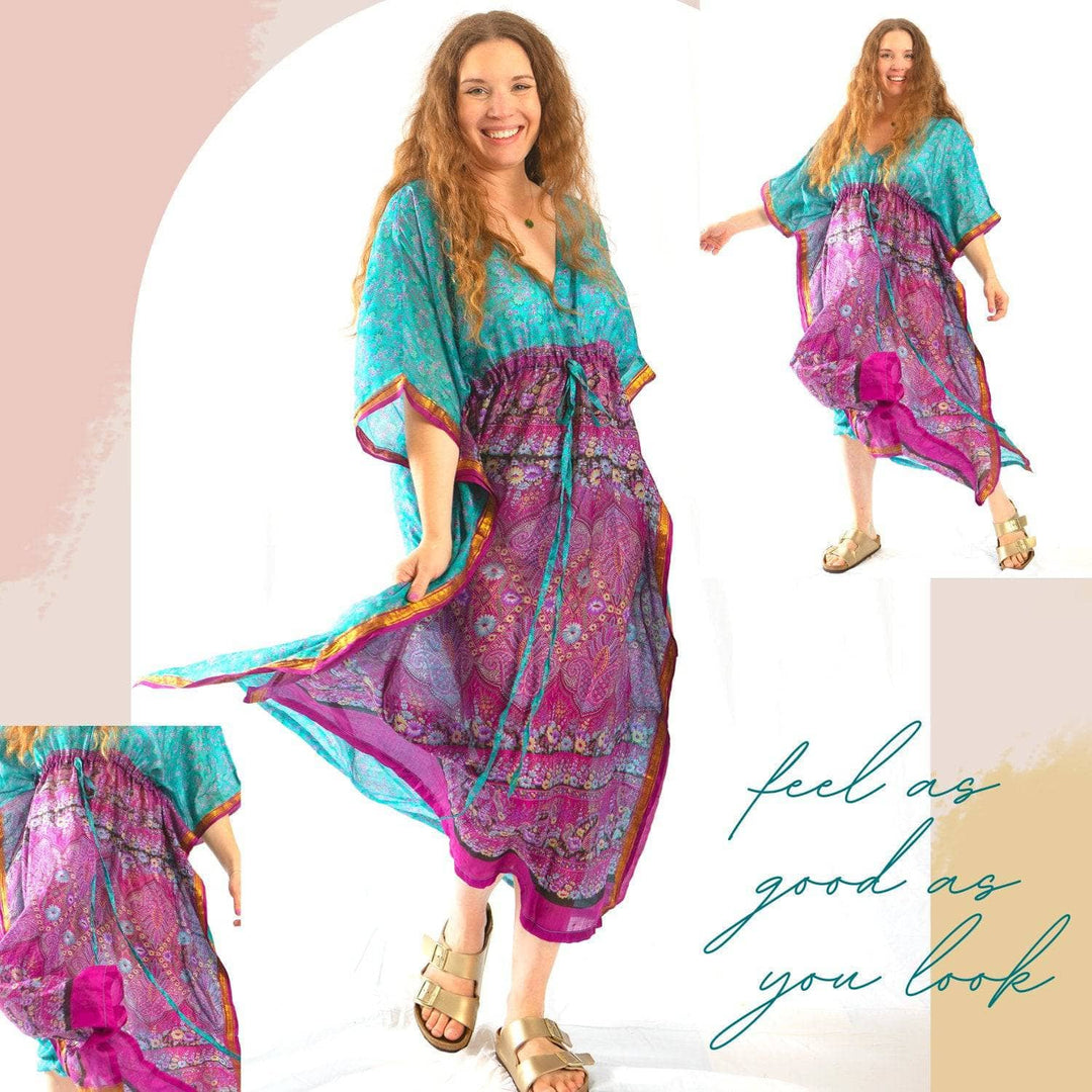 Woman wearing teal and magenta 100% silk kaftan feel as good as you look in text on bottom right of image