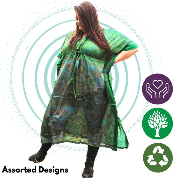 woman wearing green tunic assorted designs recycled material 