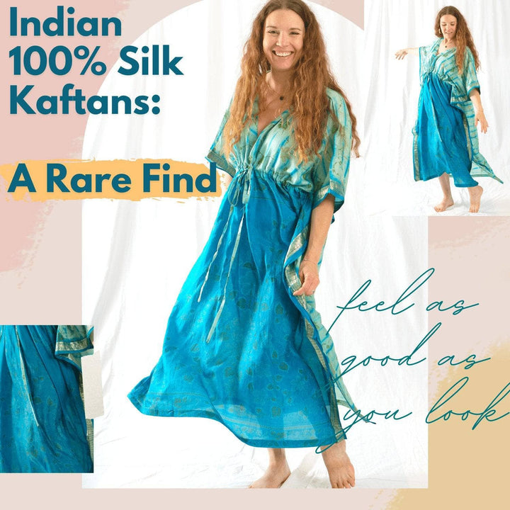 Indian 100% Silk Kaftans: A rare find woman wearing teal silk kaftan