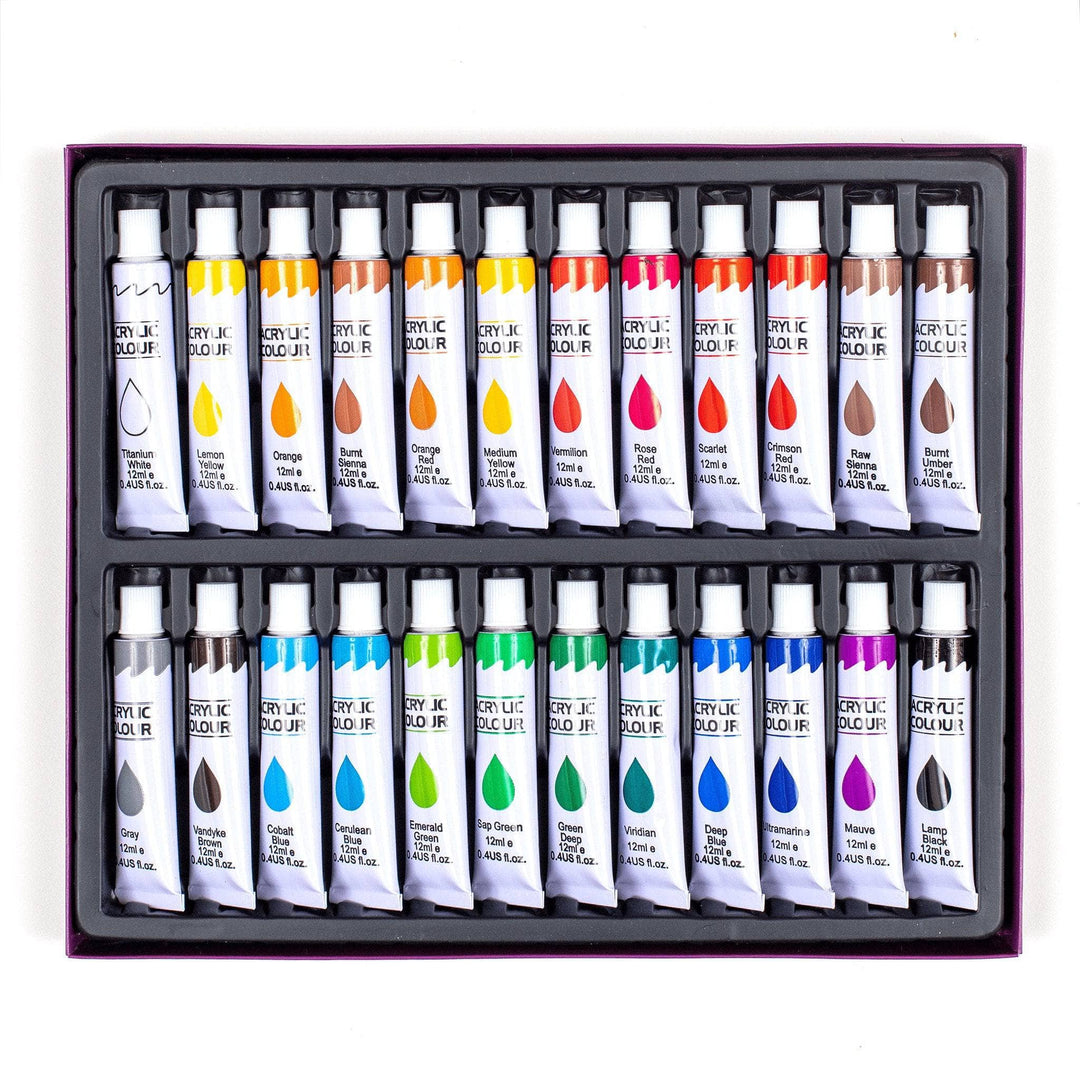 24 color acrylic paint set open in front of a white background. 24 tubes of acrylic paint (white with 2 color swatches) lined up inside black and purple packaging. 