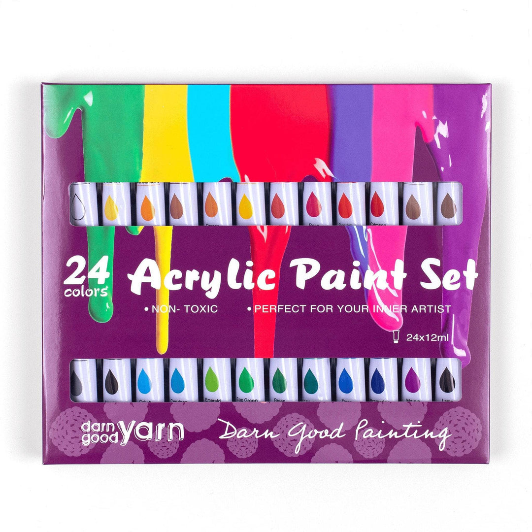 24 color acrylic paint set in packaging in front of a white background. Purple box with paint drip images, text reads 24 colors acrylic paint set. Non toxic, perfect for your inner artist. 24x12 ml. DarnGood Yarn, Darn good painting.