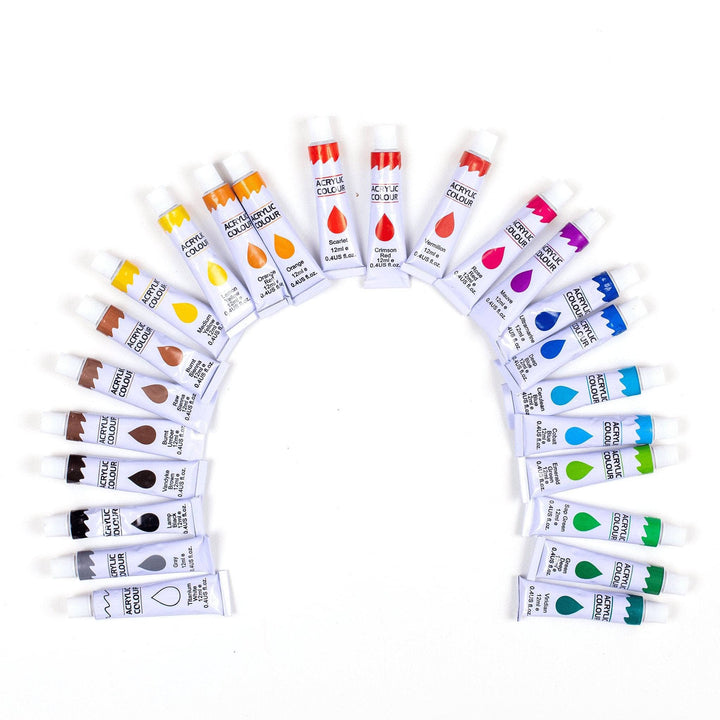 24 color acrylic paint set in front of a white background. 24 acrylic paint tubes arranged in a semi-circle in front of a white background.