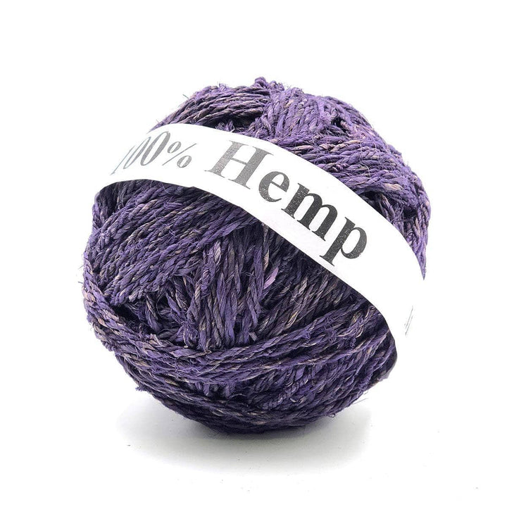 Yarn ball of 3-ply Hemp in Plum (purple) on a white background