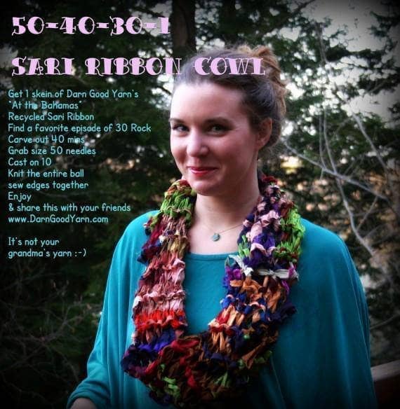 Woman wearing the 50-40-30-1 Recycled Sari Ribbon Cowl  with text that reads '50-40-30 Sari Ribbon Cowl'