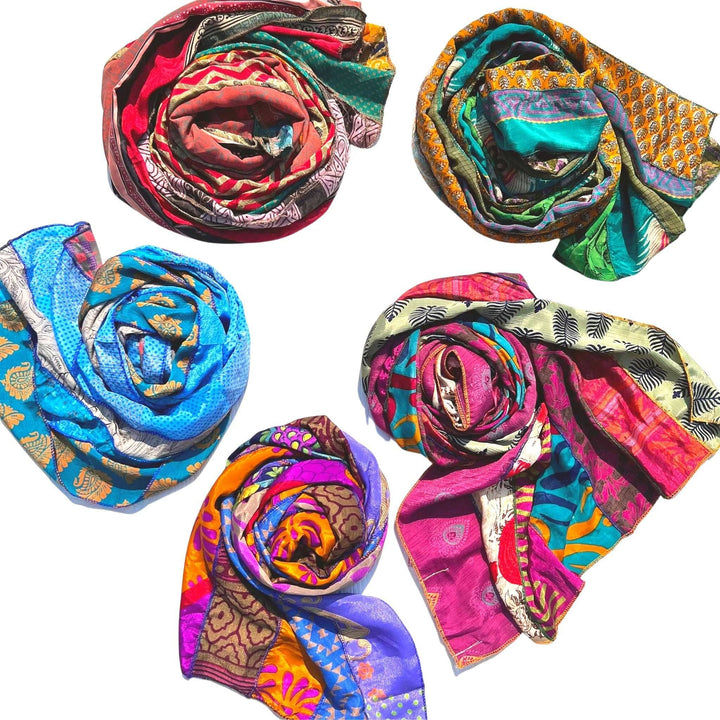 5 different sari scarves made from reclaimed material in different colors