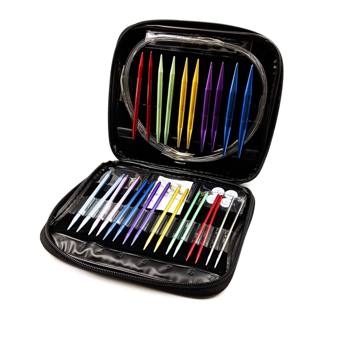 Interchangeable knitting needle set with all items in their case in front of a white background.