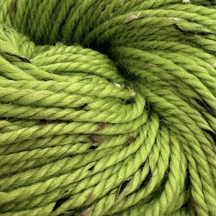 Light green yarn with small specks of brown on a white background. Aran Weight, Wool and Donegal nepps yarn.
