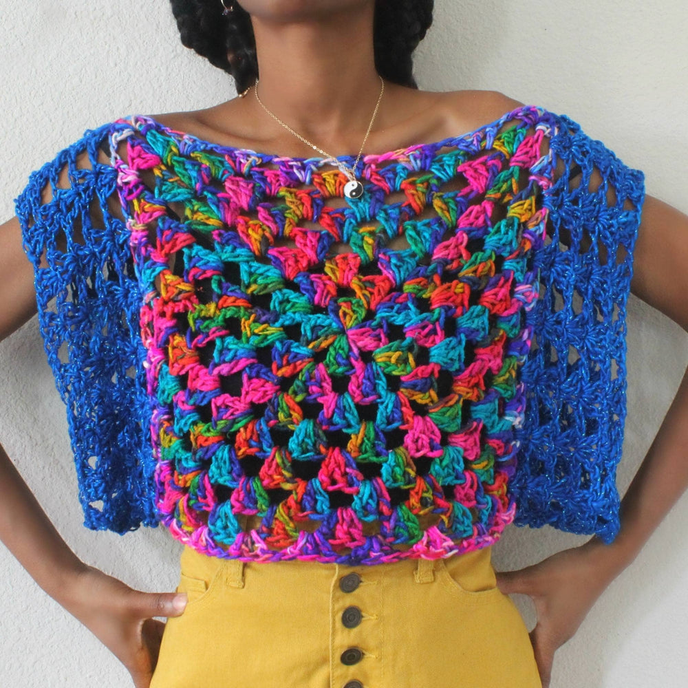 Designer wearing astral crochet granny square top front view.