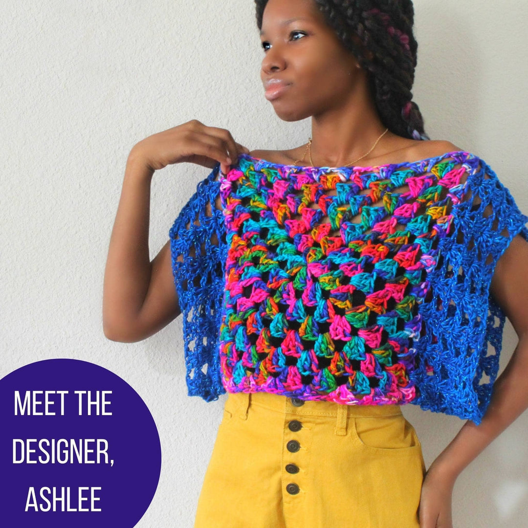 Designer wearing astral crochet top (blue and multicolor) with yellow shorts in front of a white background.
