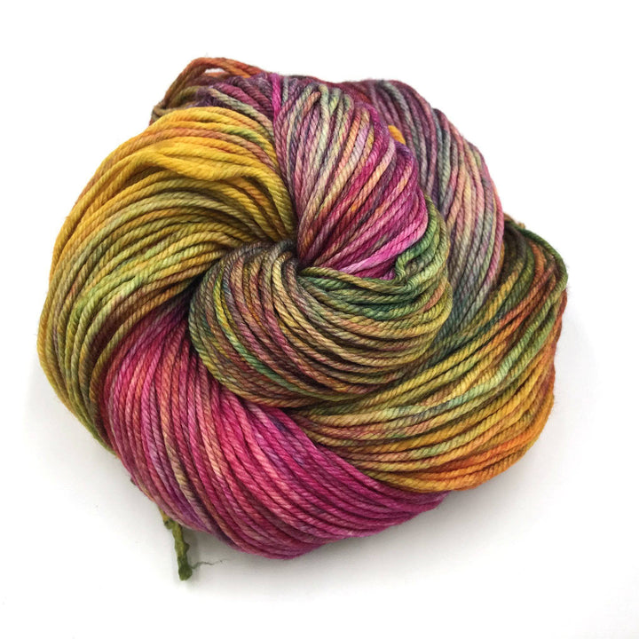 Malibrigo Rios Yarn in Diana (yellow and pink multicolor) on a white background