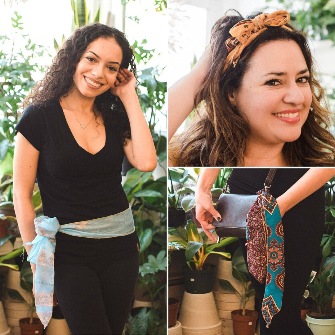 Collage of models styling boho vintage sash accessory in unique ways