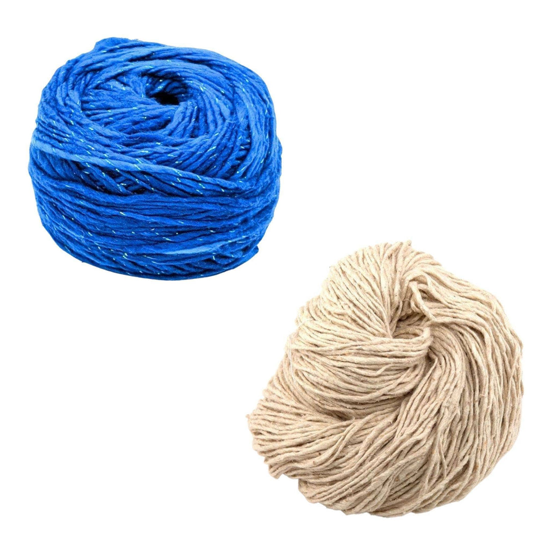 2 skeins of silk roving worsted weight (classic blue sparkle and dandelion poof) in front of a white background.