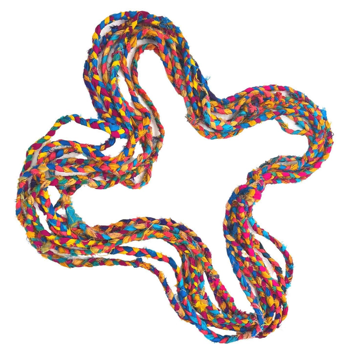 untwisted skein of sari silk ribbon eco friendly braided yarn in front of a white background to show detail.