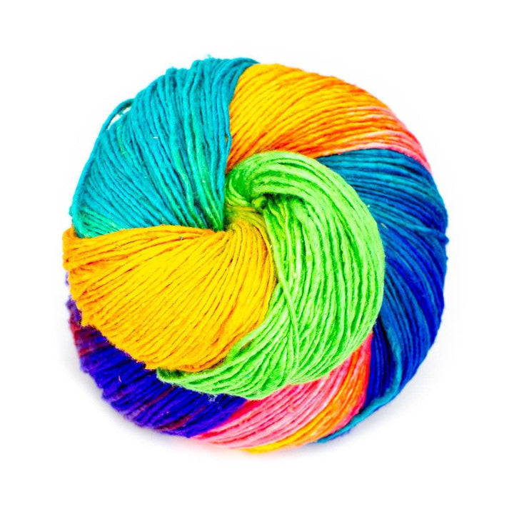 Sport weight silk yarn in color holi on a white background. 