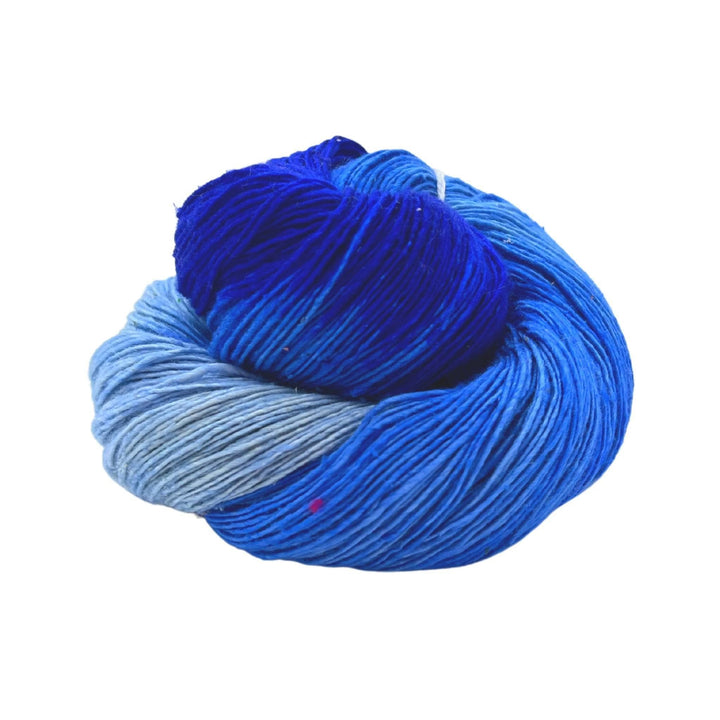 Ombre sport weight single ply recycled silk yarn blue