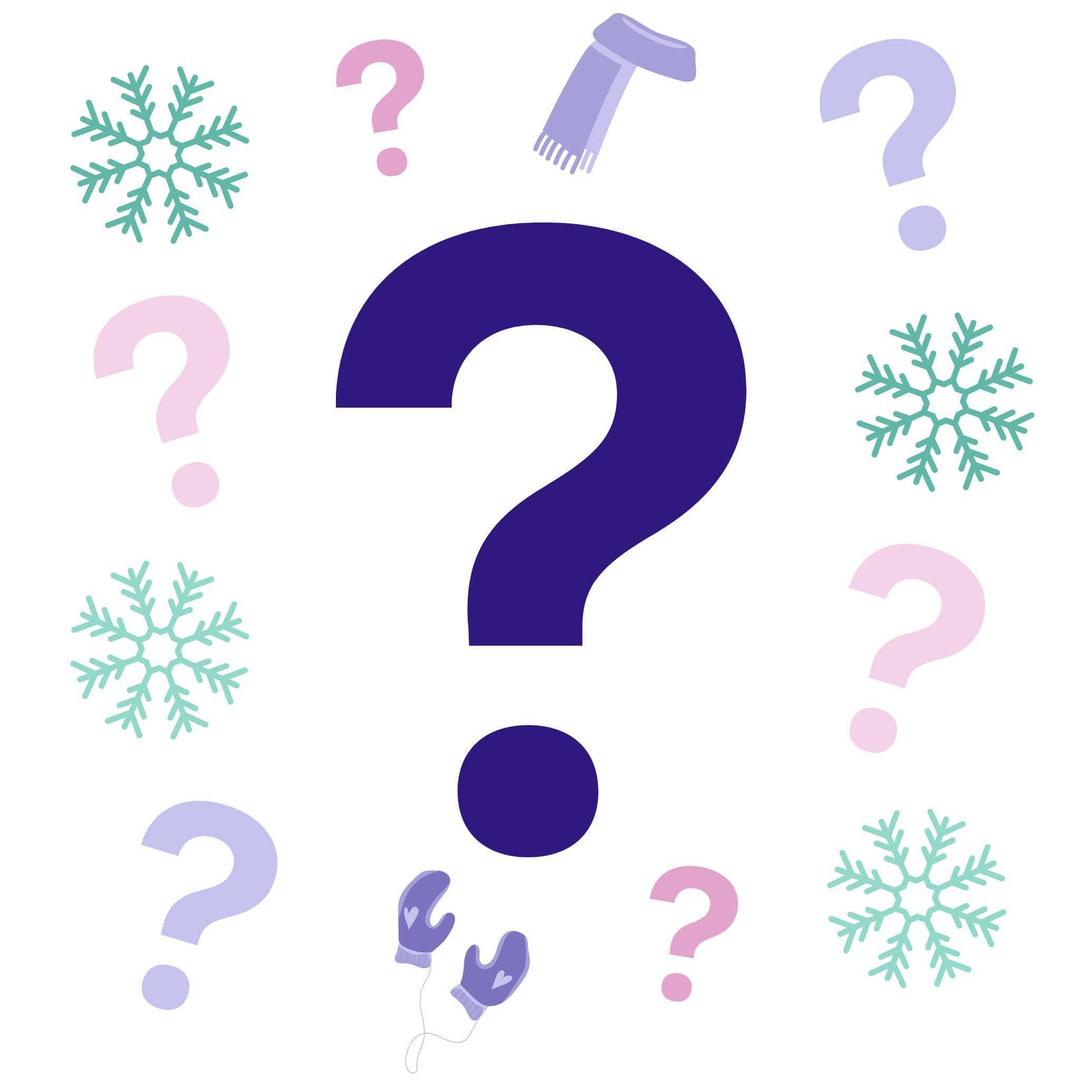 Montage of illustrations around a purple question mark: a scarf, snowflakes, other purple and pink question marks and a pair of purple mittens