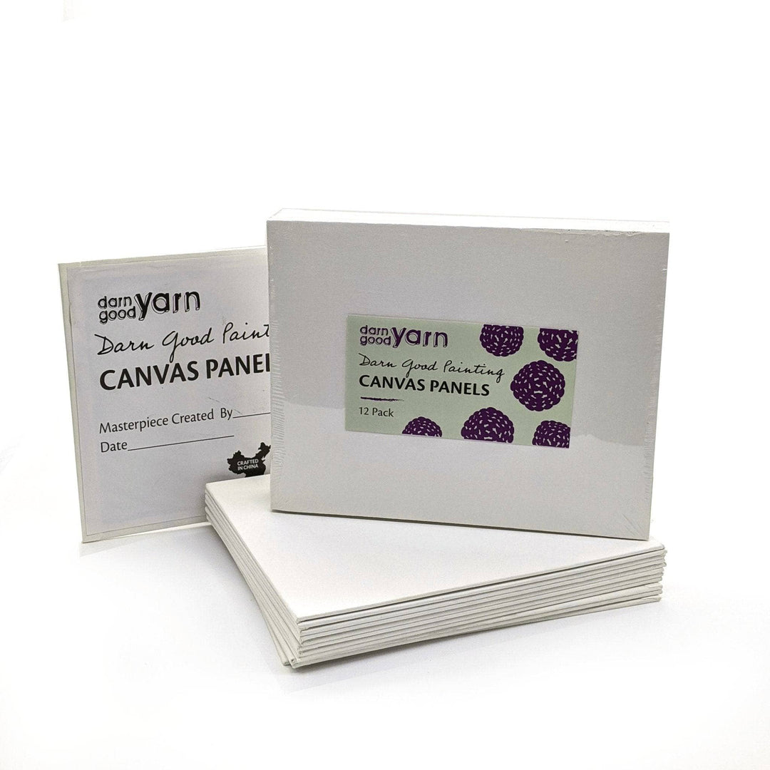 darn good painting canvas panels in front of a white background. Pack of 12 canvas panels with one standing up to display packaging / logo.