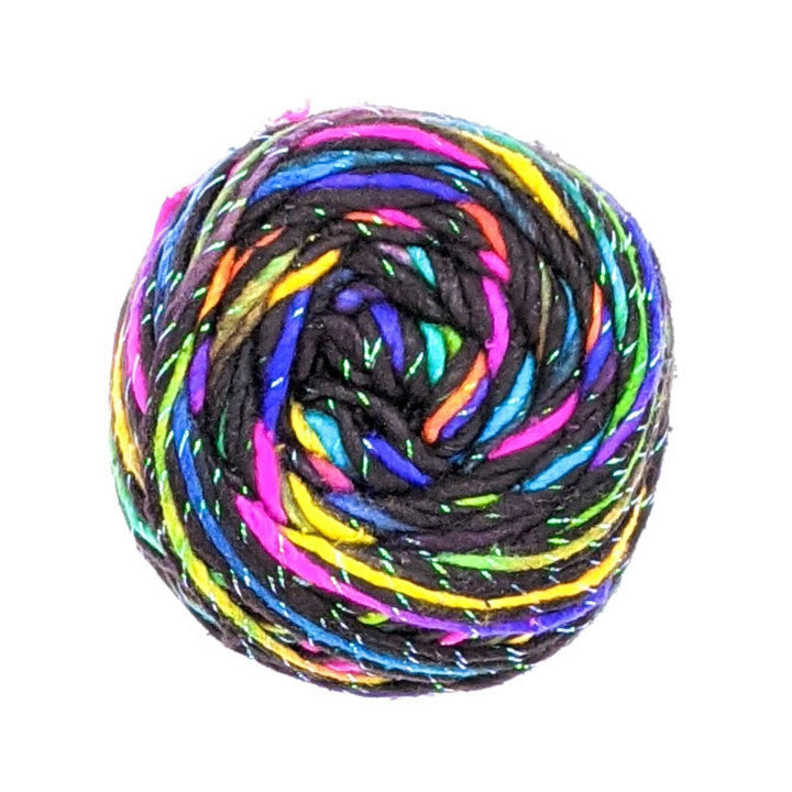 variegated rainbow and black worsted weight silk single ply yarn.