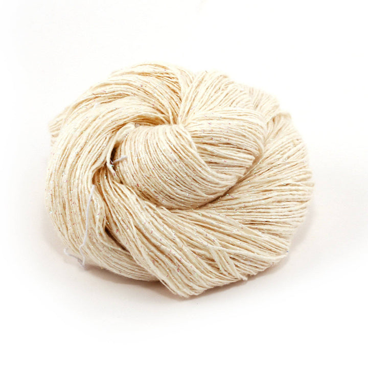 A skein of white sparkle yarn on a white background