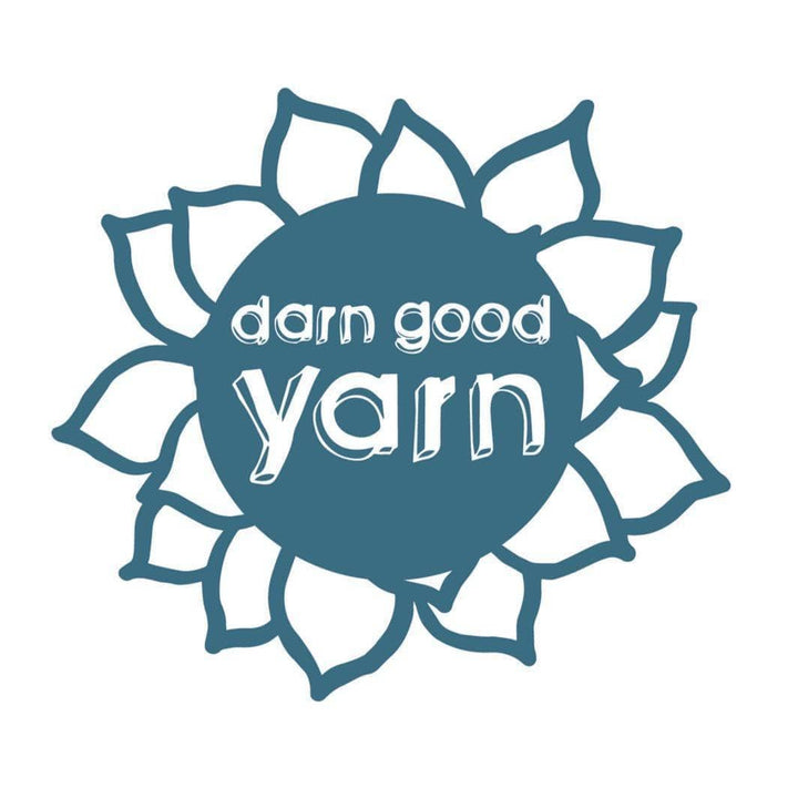 Sunflower sticker in blue with the darn good yarn logo. 