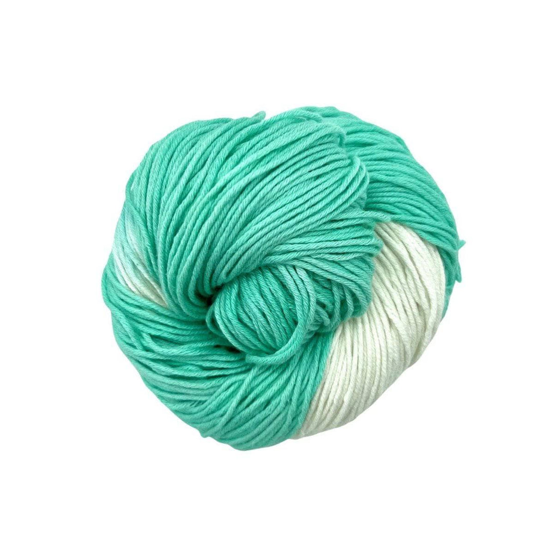 Turquoise and white yarn on a white background. DK Weight Cotton Blend Yarn