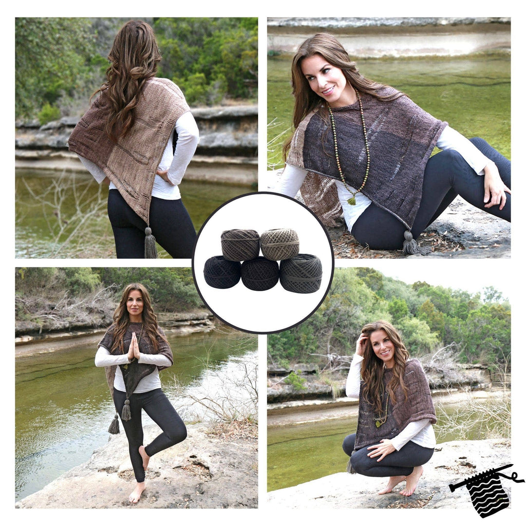 Collage of four pictures showing a beautiful darker haired woman standing next to a calm stream in a wooded area wearing a knitted poncho and leggings and posing in several different yoga stances.