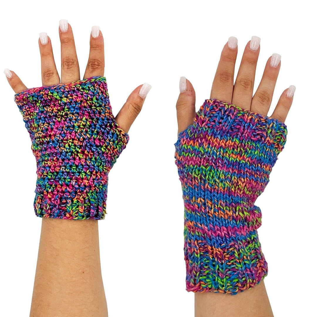 2 hands wearing Easy fingerless mitts in front of a white background. Left is crochet version in colorway Dragon's Tail, right is knit version in colorway Dragon's tail.