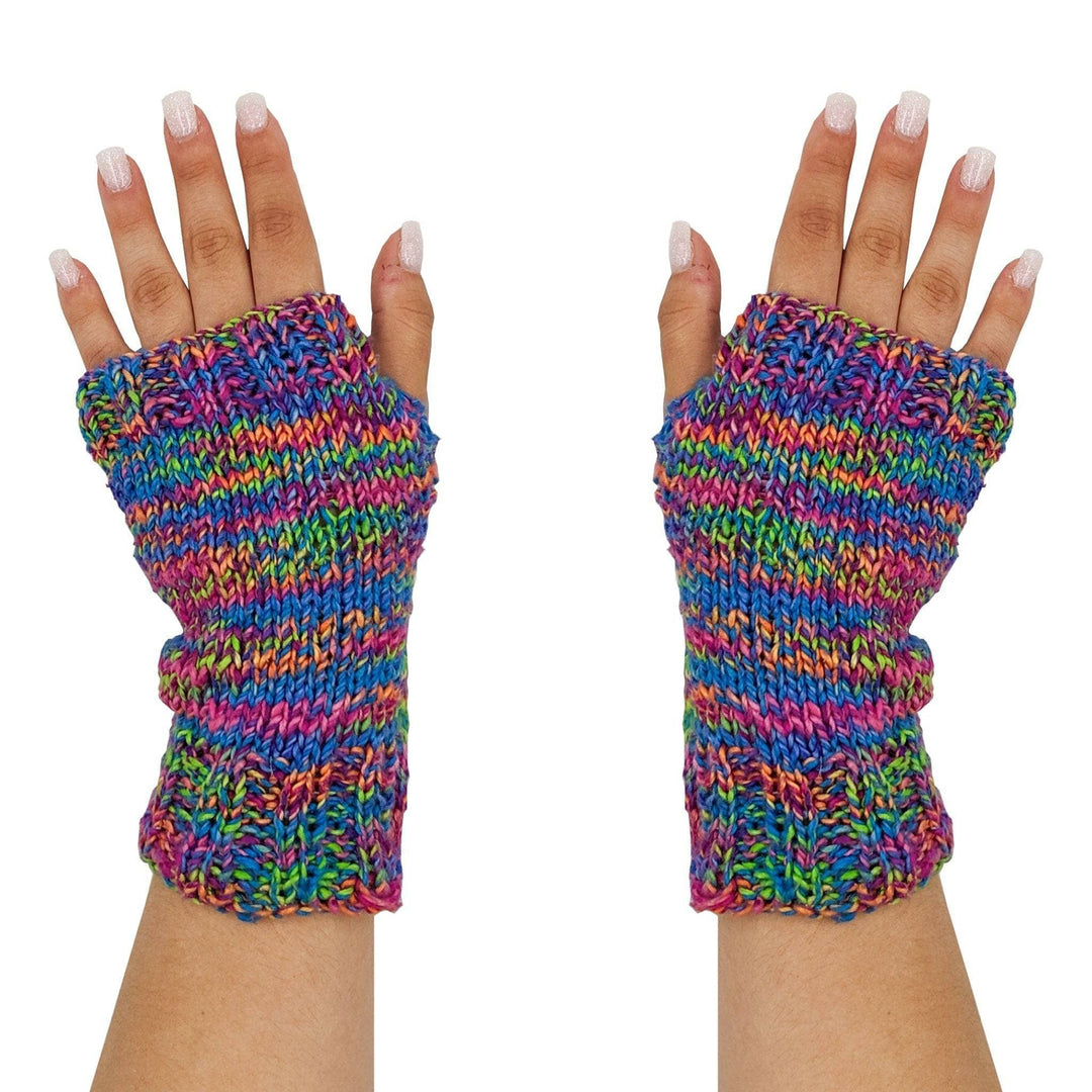2 hands wearing knit version of Easy fingerless mitts in Dragon's tail in front of a white background.