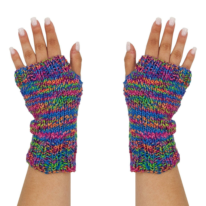 2 hands wearing knit version of Easy fingerless mitts in Dragon's tail in front of a white background.