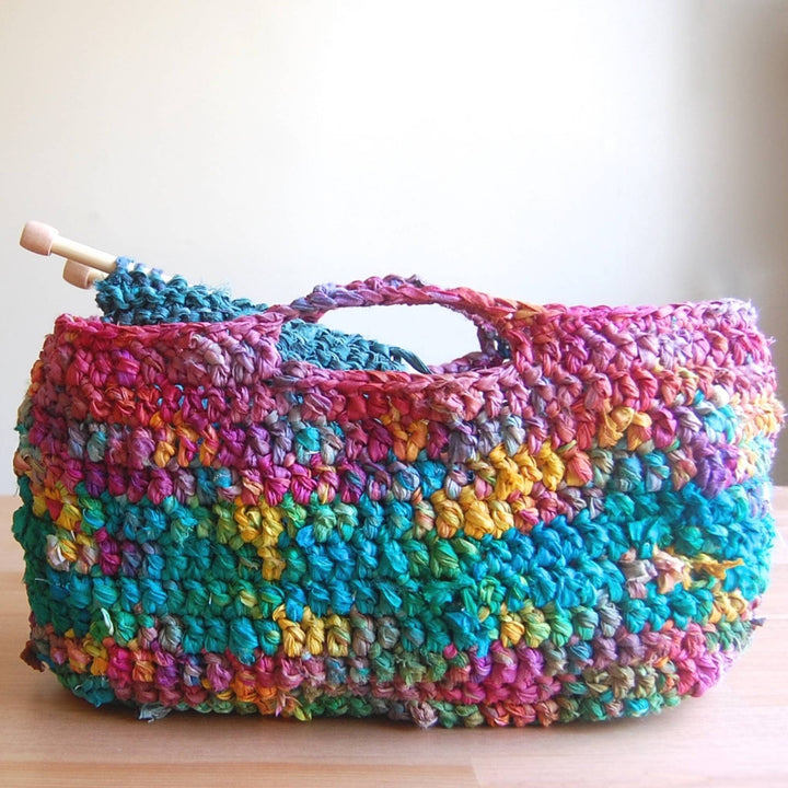 crochet rainbow shiffon ribbon market tote with knitting project inside