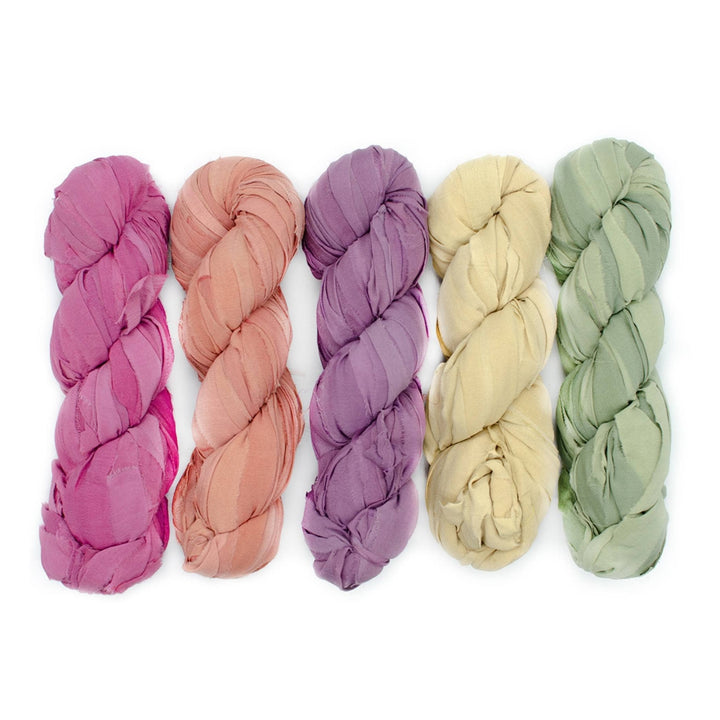 5 skeins chiffon ribbon yarn recycled fiber art, pink, orange, purple, yellow, and green pastels