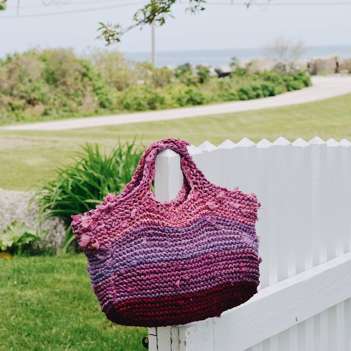 knit version of ponk lipstick chiffon ribbon yarn market tote recycled sustainable craft.