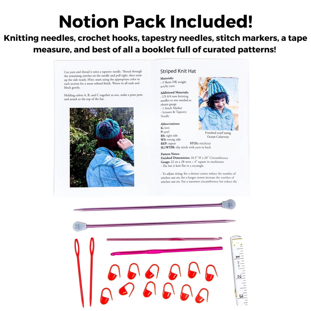 Text at top of image reads: Notion Pack included! Knitting needles, crochet hooks, tapestry needles, stitch markers, a tape measure, and best of all a booklet full of curated patterns! Images of all included items below.