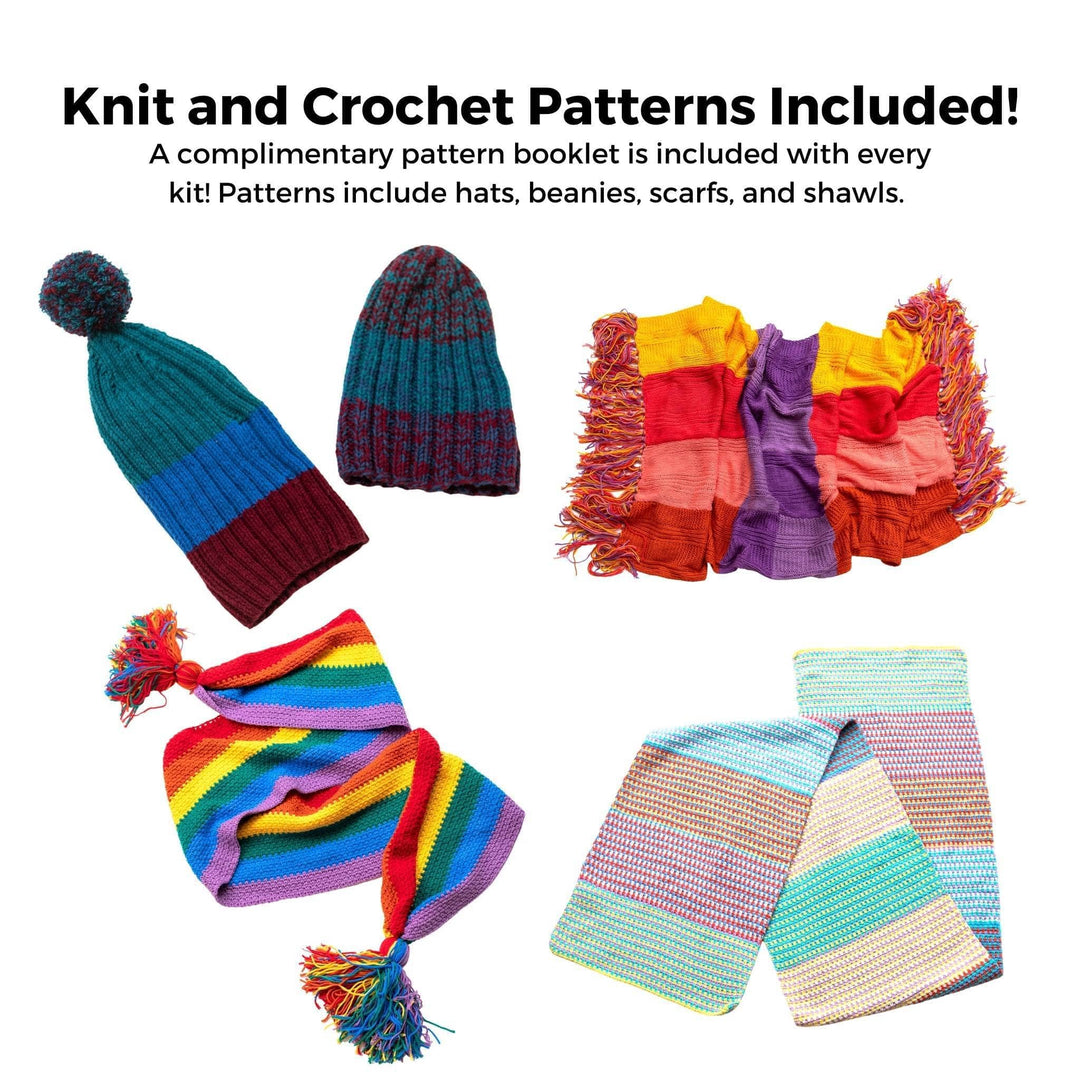 Text at top reads: Knit and Crochet Patterns Included! A complimentary pattern booklet is included with every kit! Patterns include hats, beanies, scarfs, and shawls. Images of several completed projects below.