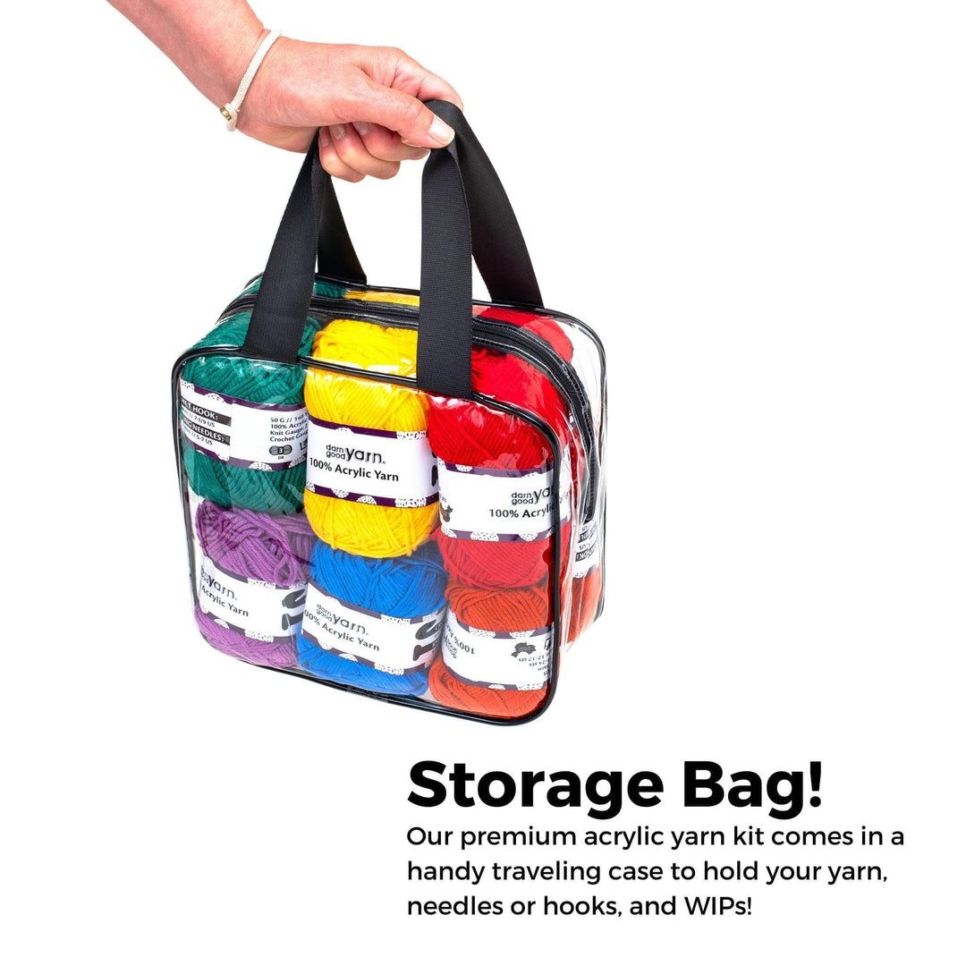 Hand holding easy knit and crochet kin in the convenient storage bag in front of a white background. Text at bottom right reads: Storage bag! Our premium acrylic yarn kit comes in a handy traveling case to hold your yarn, needles or hooks, and WIPs!