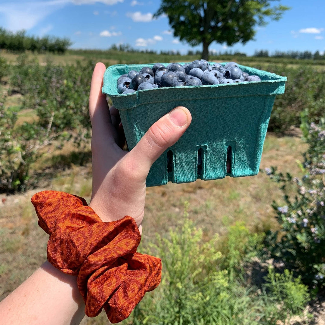 An orange sari silk scrunchie is on the wrist of a model holding a blueberry carton outside in a blueberry field.   
