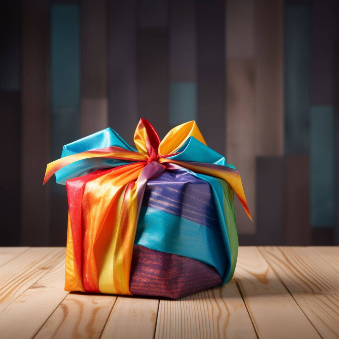 The image showcases a beautifully wrapped gift, adorned with vibrant and rich colors reminiscent of a radiant sunset. The gift is swathed in a silky cloth that transitions from deep purples and blues to fiery oranges, reds, and sunny yellows. This luxurious fabric is neatly gathered at the top, forming a decorative knot with trailing ribbons, giving an impression of a flower in bloom.