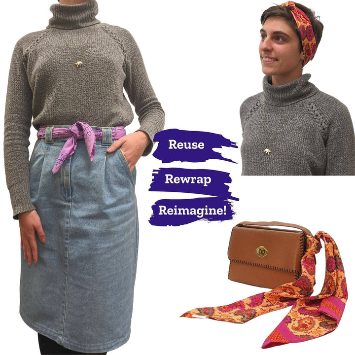 Model wearing furoshiki wrap as belt (left) headband (top right) and as purse embellishment (bottom right). Purple smudges in center of image with white text which reads "reuse, rewrap, reimagine" 