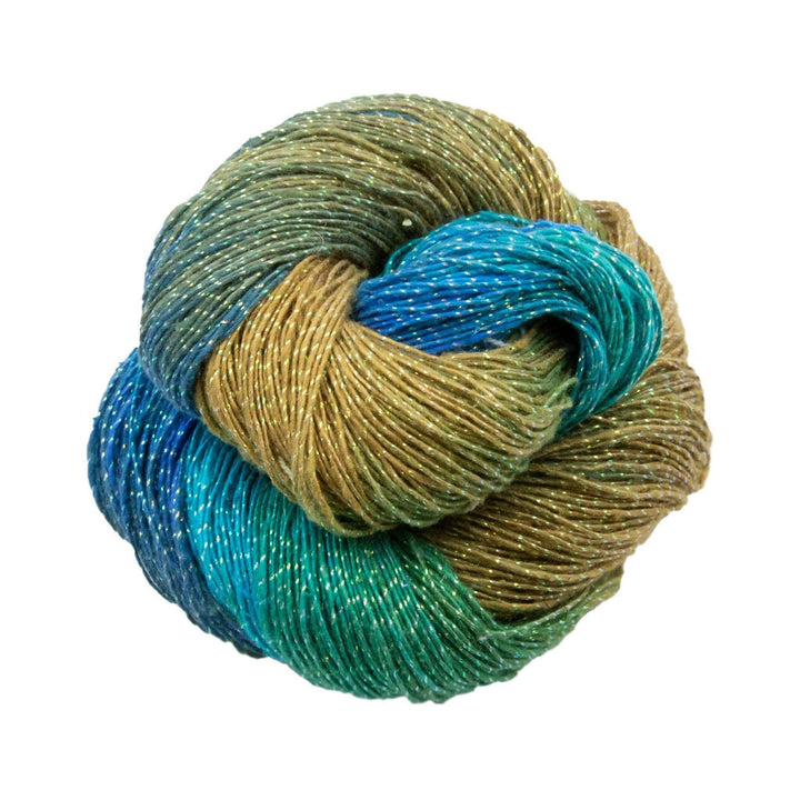 Sparkle sandy beach lace weight silk yarn blue green and tan variegated in front of a white background.