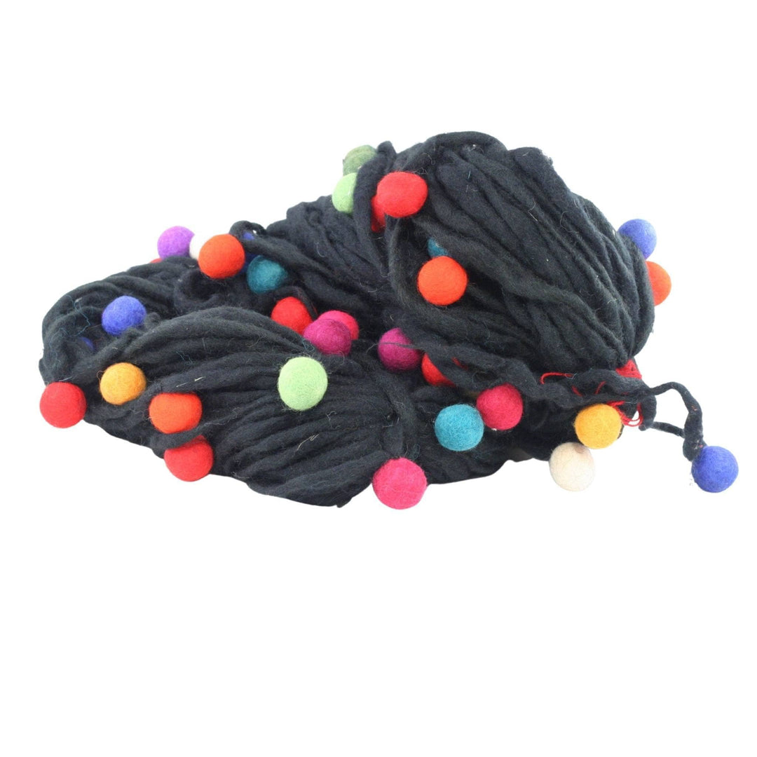 Handmade black wool yarn with multicolor felt palls attached throughout.