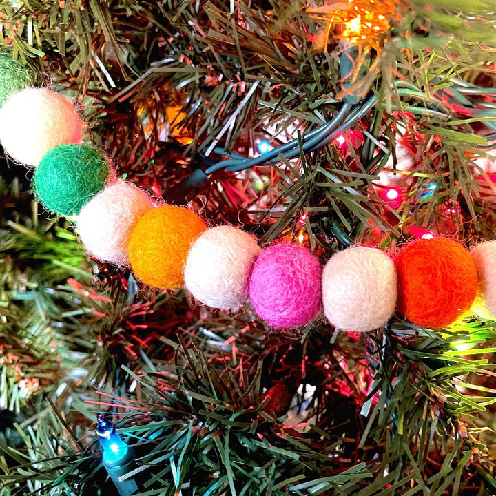 An up close shot of the felt ball garland to show the texture of the felt balls.