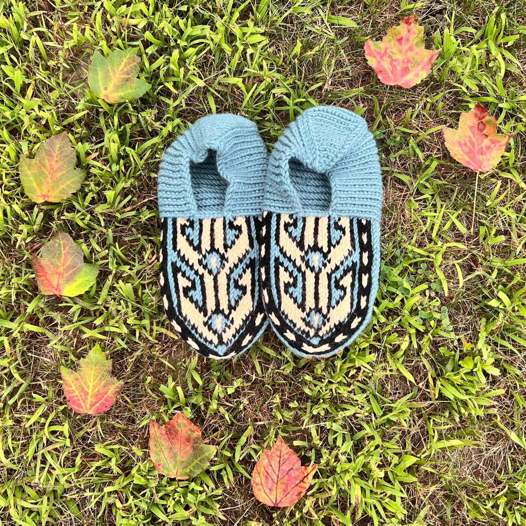 Pair of blue, cream, and black patterned hand knit slippers in the grass surrounded by changing fall leaves.