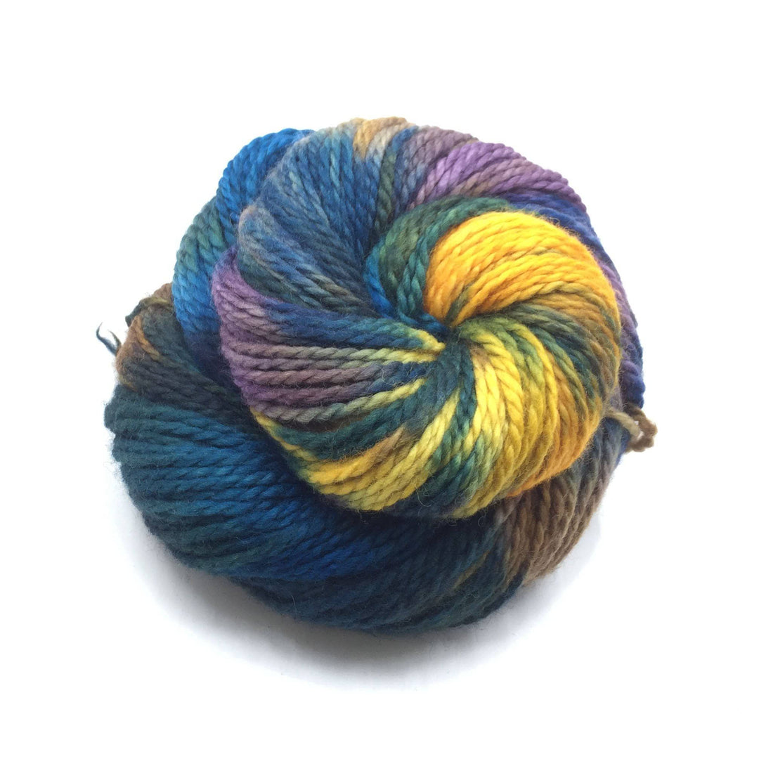Aran twisted wool yarn in Frida (blue and yellow) on a white background