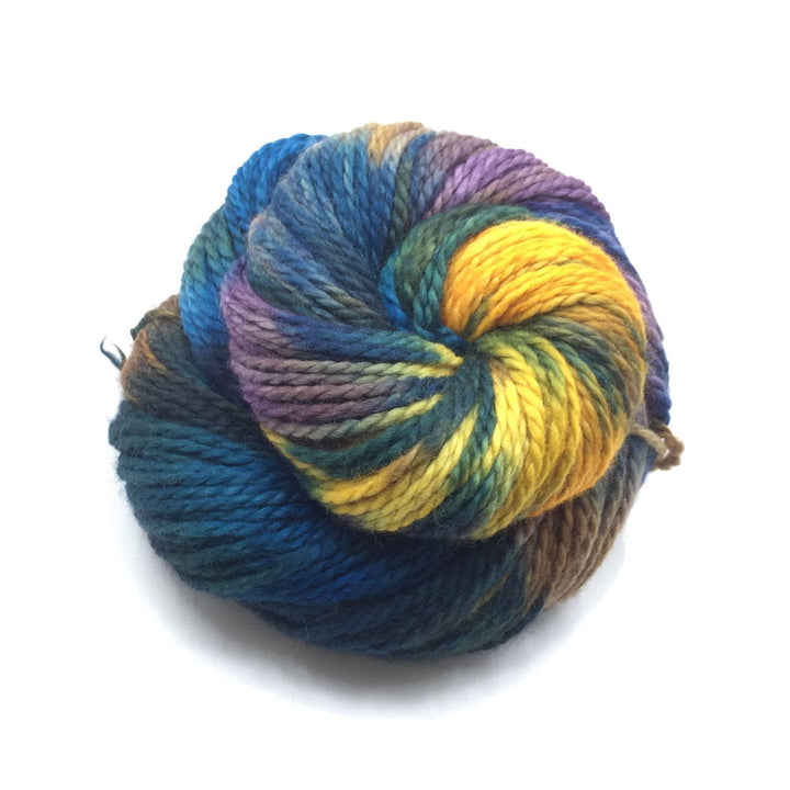 Aran twisted wool yarn in Frida (blue and yellow) on a white background